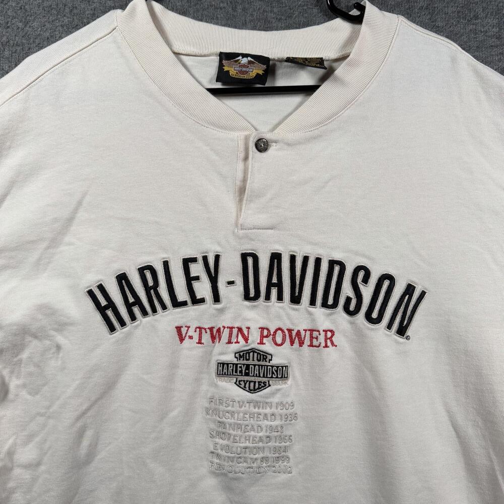 Harley-Davidson Shirt Mens XL White V-Twin Power Henley Long Sleeve Biker Tee